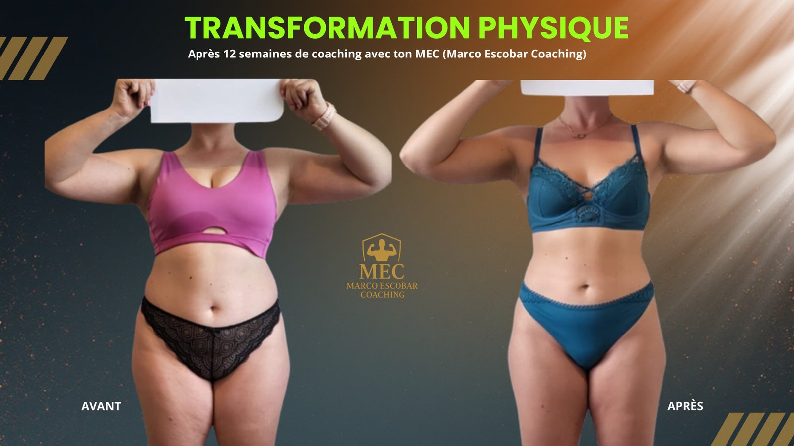 Transformation Sarcy Camille perte de gras remise en forme femme 12 semaines MEC coaching